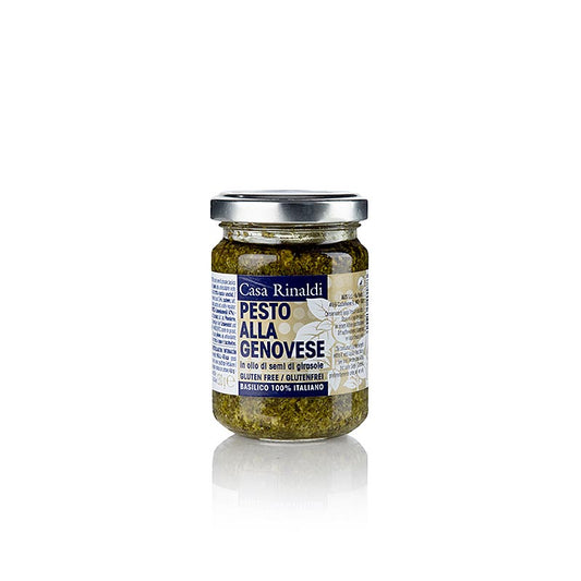 Pesto alla Genovese, basilicumsaus met zonnebloemolie, Casa Rinaldi, 130 g - heerlijke Italiaanse saus gemaakt van basilicum en zonnebloemolie