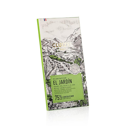 Indulge in the rich and decadent 75% pure El Jardin chocolate bar by Michel Cluizel, weighing 70 grams (12105)