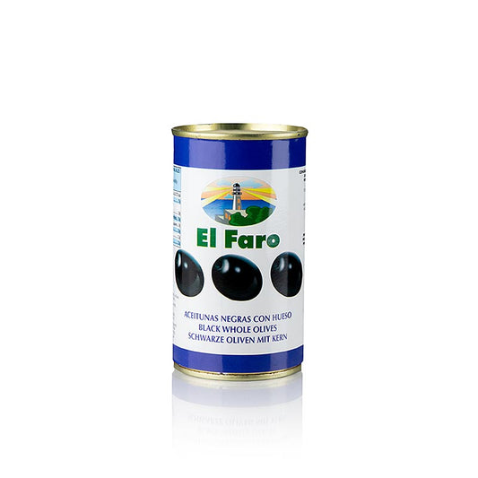 Zwarte olijven, met pit, zwartgeblakerd, in pekel, El Faro, 350 g