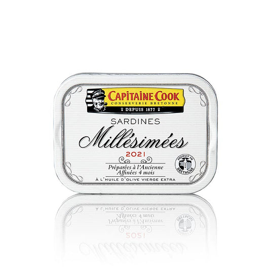 Sardines, heel, in olijfolie, oogstjaar 2021, Capitaine Cook, Frankrijk, 115 g
