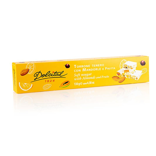 A close-up image of Torrone reep - Frutta, amandel & fruit, zacht, Dolcital, 130 g, showing the soft texture, colorful fruit pieces, and crunchy almonds