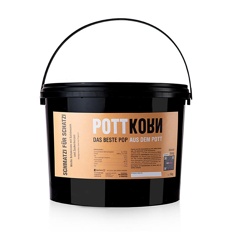 Delicious 1 kg bag of Pottkorn Schmatzi voor Schatzi, popcorn with white chocolate and pretzel, perfect for snacking and sharing with loved ones