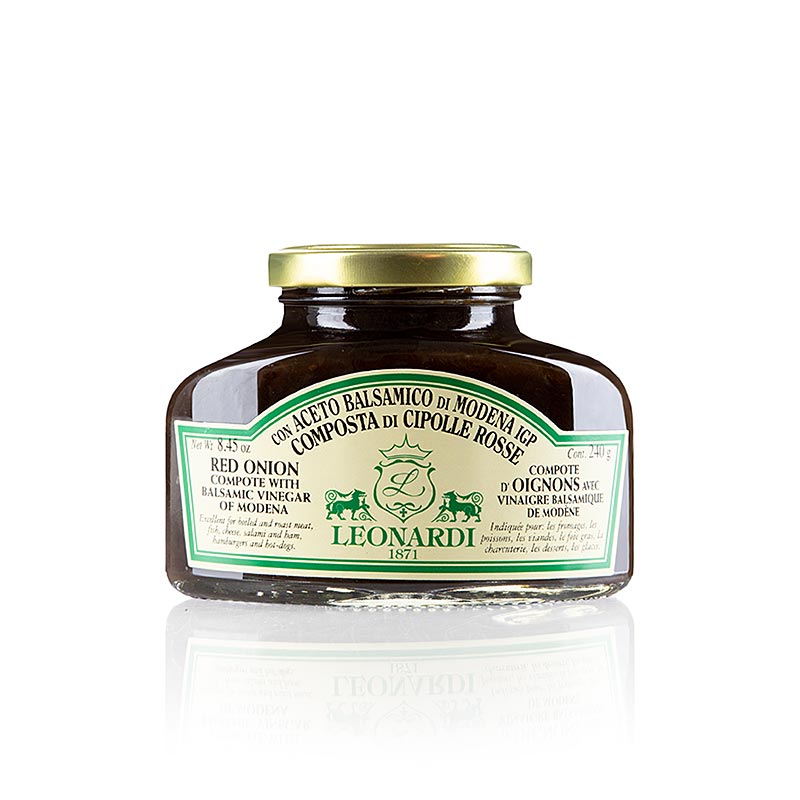 Pot met 250 gram heerlijke compote van rode uien met Balsamico di Modena van Leonardi, perfect voor gastronomisch genot