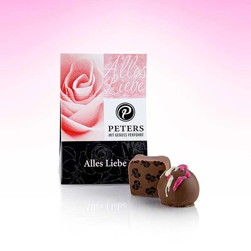 Indulge in the decadent Alles Liebe truffle and praline mix, infused with alcohol, from Peters Each box contains 25g of pure bliss, with 2 exquisite pieces