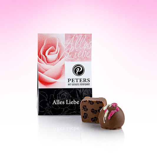Indulge in the decadent Alles Liebe truffle and praline mix, infused with alcohol, from Peters Each box contains 25g of pure bliss, with 2 exquisite pieces