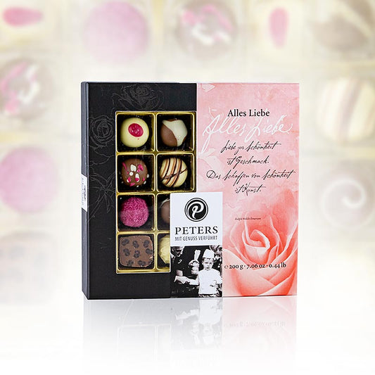 Truffel- en pralinémix, "Alles Liebe", met alcohol, Peters, 200 g, 16 stuks