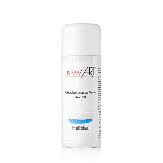Cacaoboterspray/basisvoedselkleurstof lichtblauw, (Sweet Arts) Velvet, 400 ml - illustratie van het productverpakking met lichtblauwe kleurstof in een spuitbus van 400 ml
