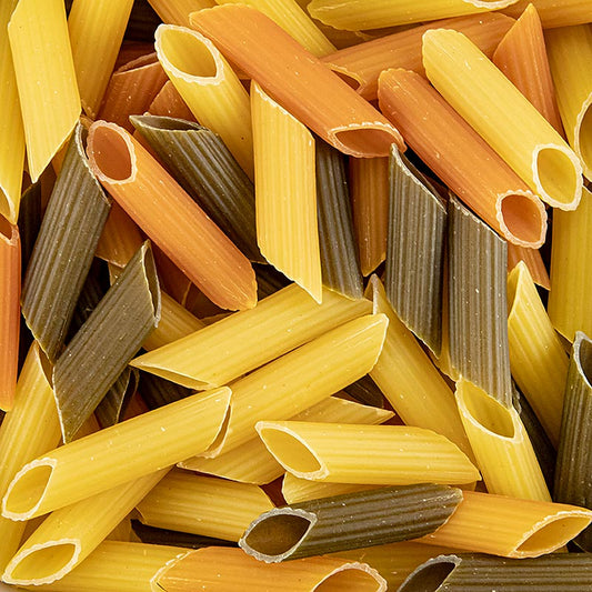 500g Casa Rinaldi Acolore Fantasia pasta penne tricolore, with colorful wheat semolina
