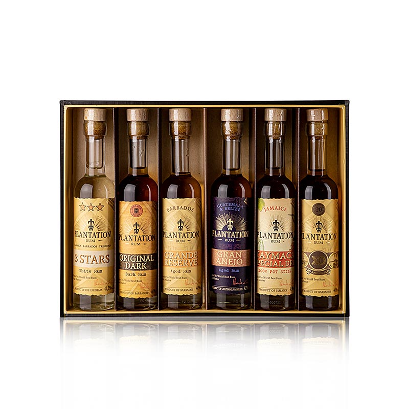 Plantation Rum Experience Box Gift SET, featuring 6 bottles of 10 cl each, totaling 600 ml, perfect for sampling and gifting