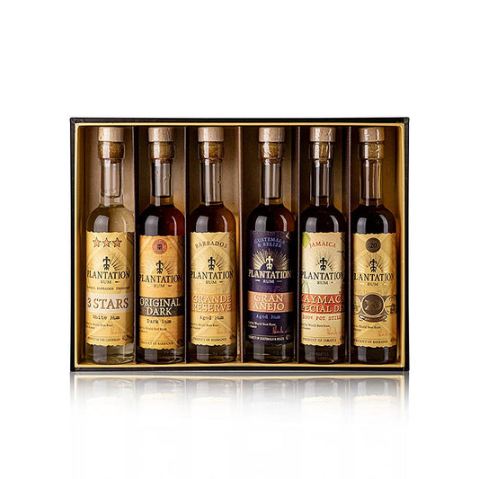 Plantation Rum Experience Box Gift SET, featuring 6 bottles of 10 cl each, totaling 600 ml, perfect for sampling and gifting