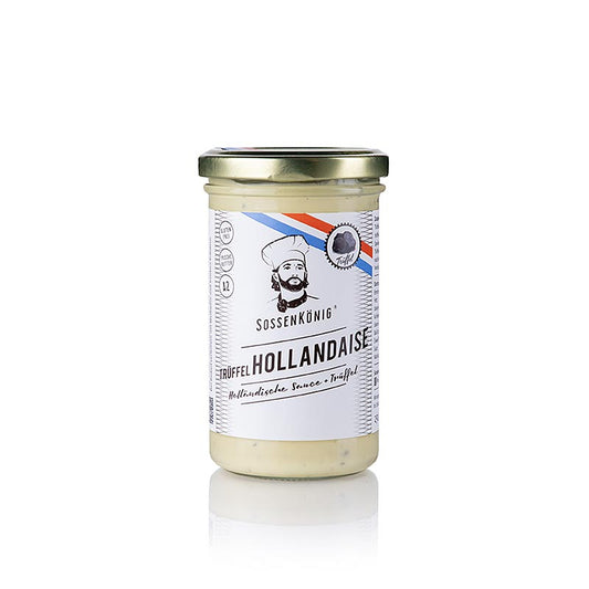 Sossenkönig Truffelhollandaise, a ready-to-use sauce in a 250 ml bottle, perfect for enhancing the flavor of your dishes with its rich and creamy truffle-infused hollandaise sauce