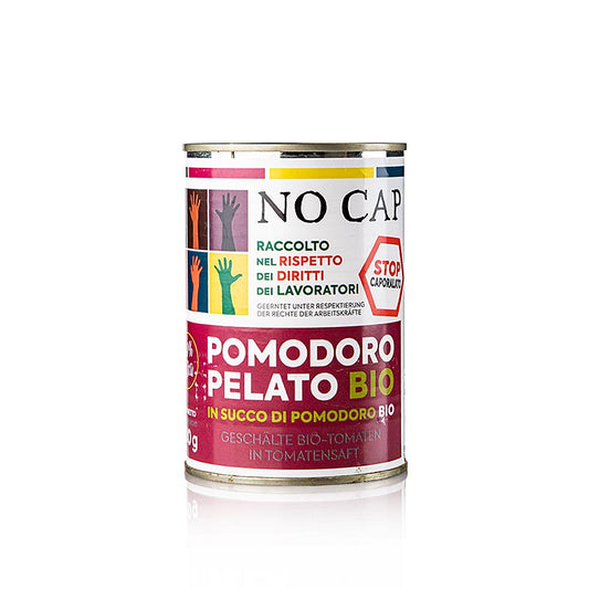 Organic 400g peeled tomatoes with no cap, illustrating the product packaging