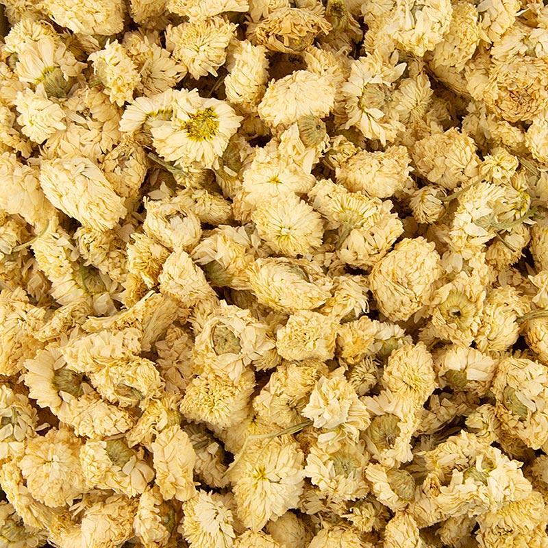 A close-up image of 1 kg of dried kamille bloemen, showcasing the larger, vibrant yellow flowers