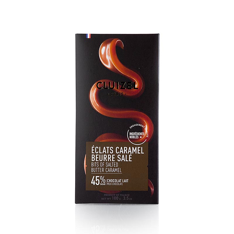 Image of Michel Cluizel Chocoladereep Karamel Beurre Sale 45% melk, a 100 g milk chocolate bar with salted caramel, wrapped in elegant packaging