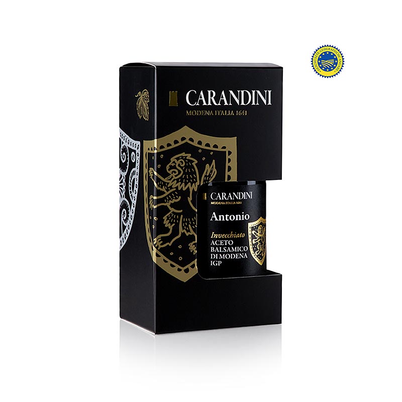 Carandini Aceto Balsamico Modena BGA, Antonio, invecchiato (geschenkverpakking), 250 ml - Een heerlijke fles met 250 ml authentieke en verouderde balsamico azijn uit Modena, gepresenteerd in een prachtige geschenkverpakking