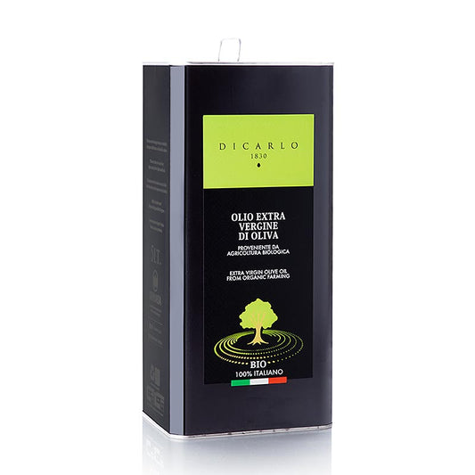 Organic 5 liter bottle of Extra Virgin Olive Oil from first cold pressing by Di Carlo, perfect for enhancing your cooking and salad dressing recipes