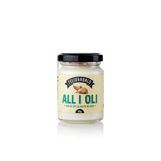 Tube of Feliubadalo Allioli, a garlic cream with 20% olive oil, 95g, light in color