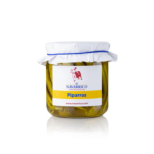 Piparras, also known as Guindillas, are mild chili peppers preserved in wine vinegar by Navarrico, offering a 300g jar of delicious Spanish delicacy