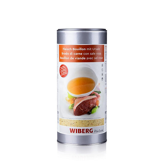 Large 12 kg container of Wiberg vleesbouillon met primair zout, a beef bouillon with natural ingredients and primary salt, product number 281119