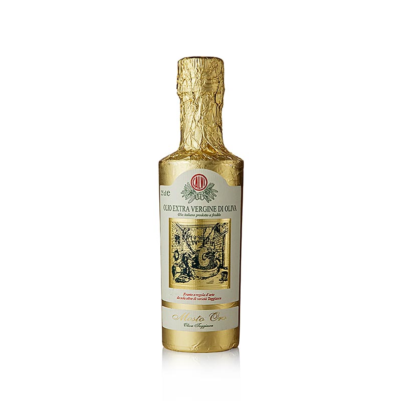 Extra vierge olijfolie Calvi "Mosto Oro", 100% Taggiasca, goudfolie, Ligurië, 250 ml