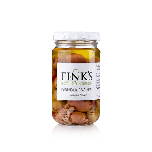 Dirndlkersen, gekornelkirschen, ingemaakt, Finks Delikatessen, BIO, 180 g