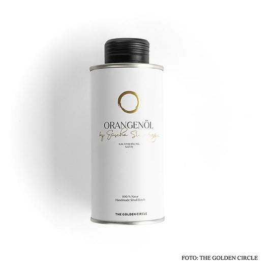 Sinaasappelolie van Sascha Stemberg, THE GOLDEN CIRCLE, 250 ml, a natural and pure essential oil extracted from fresh oranges, perfect for aromatherapy and skincare
