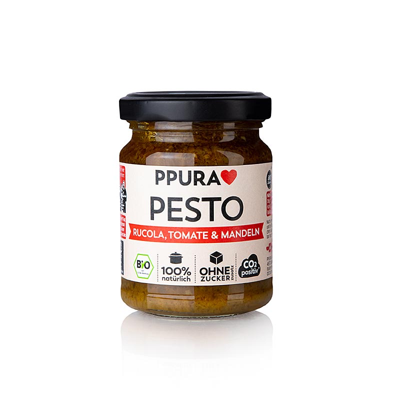 Vegan and organic Ppura pesto made with tomatoes, arugula, and almonds, 120 g