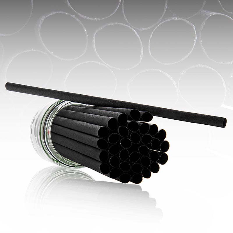 Alt text: Pack of 200 natural black Pomom straws, 23cm long and 8mm in diameter, eco-friendly and sustainable option for drinks