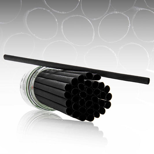 Alt text: Pack of 200 natural black Pomom straws, 23cm long and 8mm in diameter, eco-friendly and sustainable option for drinks