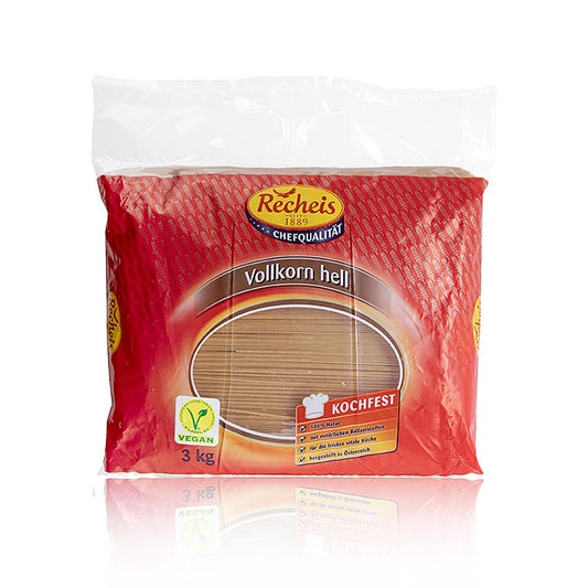 Recheis whole wheat spaghetti, light in color, 3 kg package, perfect for family meals and healthy eating