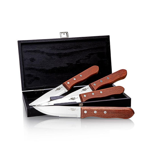 High-quality 4-piece steak knife set in a sleek black wooden box 