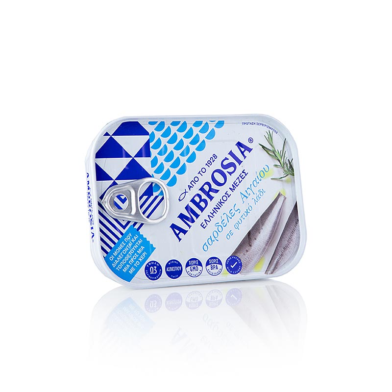 Sardientjes in olie, afkomstig uit de Egeïsche Zee, verpakt in Ambrosia blik van 105 gram