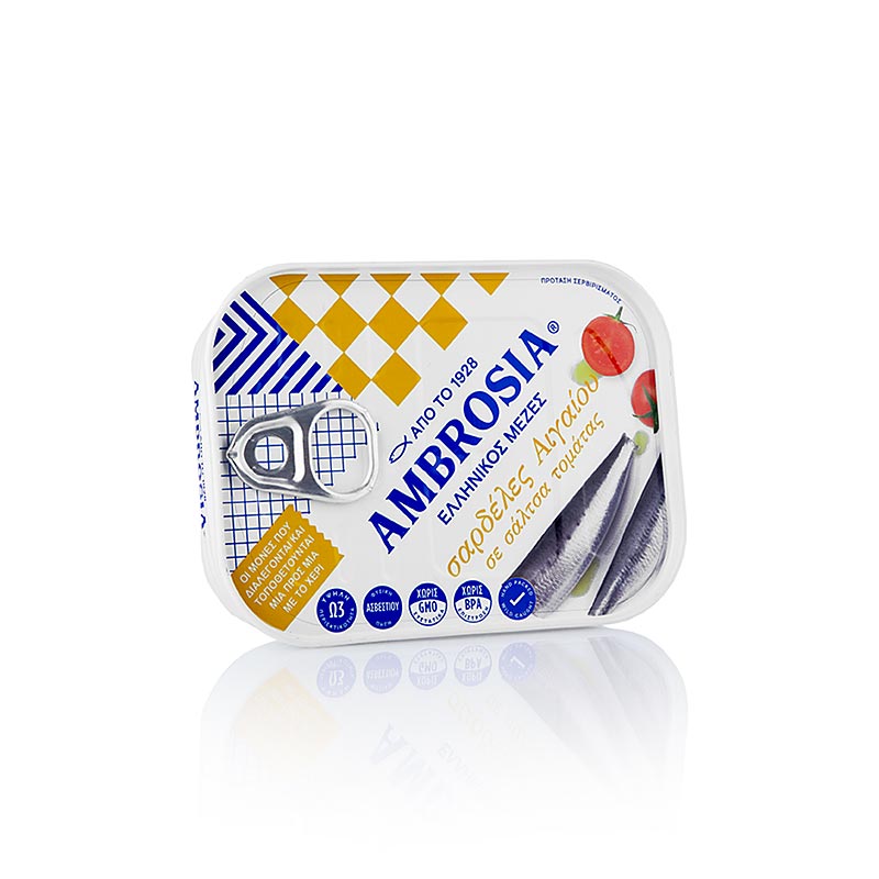 Sardientjes in tomatensaus, a traditional Greek product from the Egeïsche Zee, Ambrosia, 105 g, rich in flavor and perfect for Mediterranean dishes