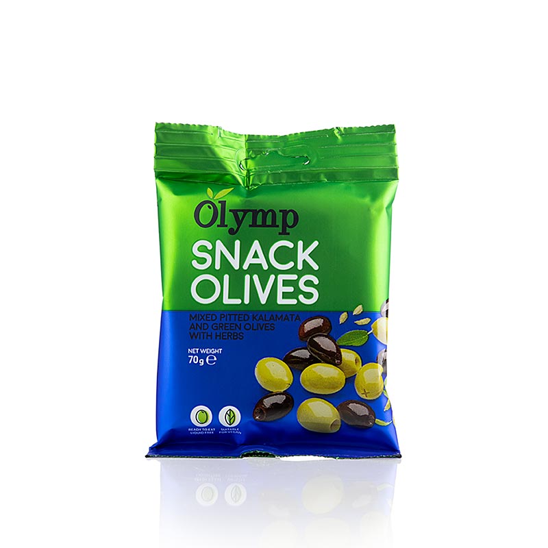 Organic 70g snackolijven with Kalamata and green olives, pitless, seasoned with herbs
