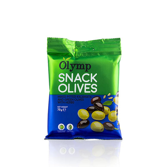 Organic 70g snackolijven with Kalamata and green olives, pitless, seasoned with herbs