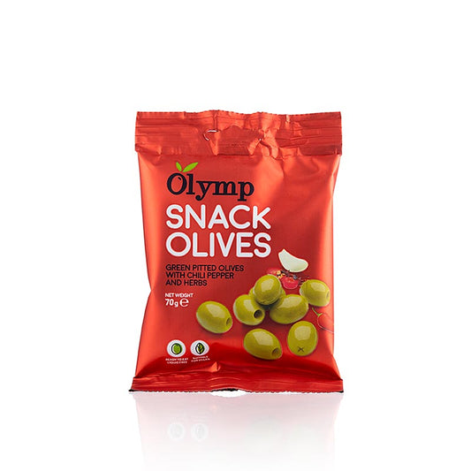 Snackolijven, groene olijven, zonder pit, met chili & kruiden, 70 g