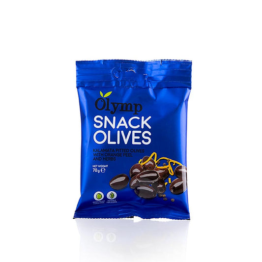 Snackolijven, Kalamata-olijven, zonder pit, met sinaasappelschil & kruiden, 70 g