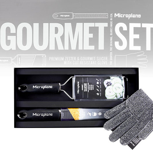 Microplane cadeauset "Gourmet-set", zesteerrasp + schilfermes + handschoen, 3 stuks