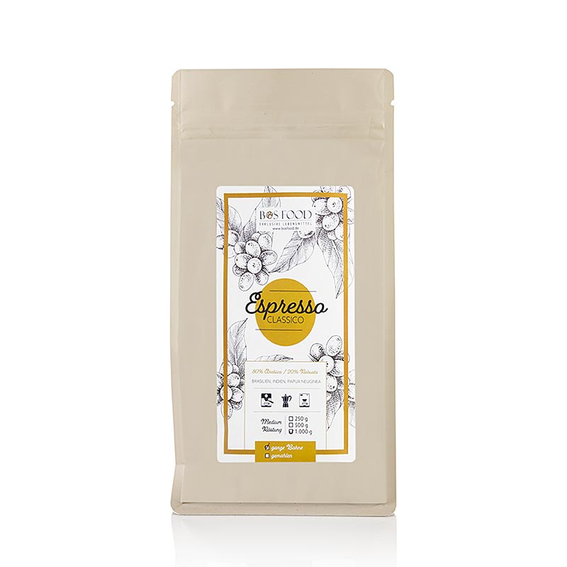 BOS FOOD - Espresso Classico, koffiemelange met 20% Robusta, hele bonen, 1 kg