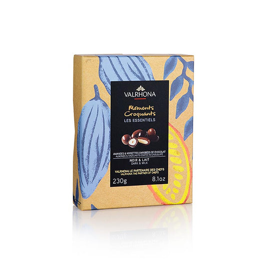 Valrhona Equinoxe bolletjes, amandelen & hazelnoten in pure en melkchocolade, 230 g