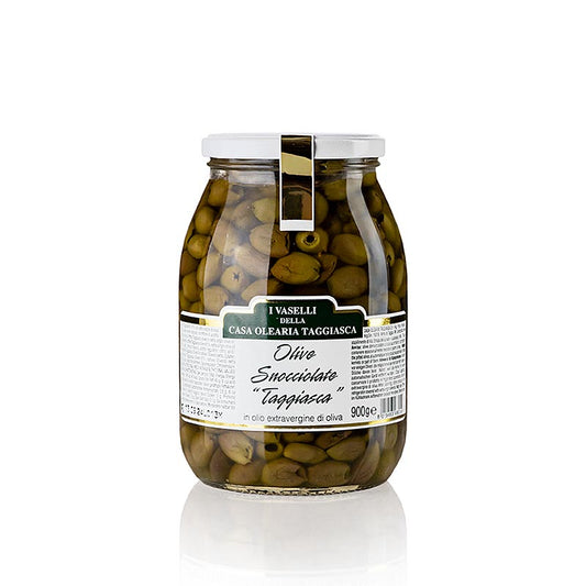 Close-up of 900g jar of Zwarte olijven Snocciolate in olijfolie, Taggiasca variety, without pits, perfect for Mediterranean cuisine