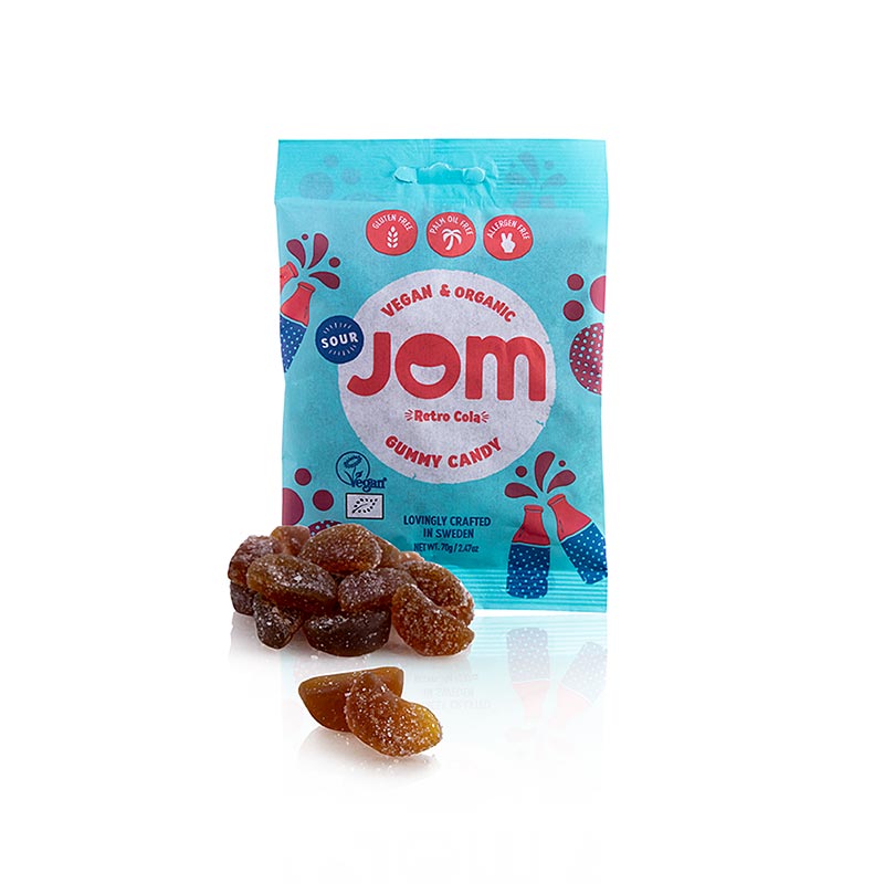 Zure Retro Cola Gummie Snoepjes van JOM, een veganistisch en biologisch product van 70 g