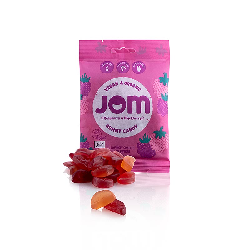 alt=JOM Framboos & Braam Gummie Snoepjes, veganistisch en biologisch, heerlijke en gezonde 70g snoepjes verpakt in een milieuvriendelijke verpakking
