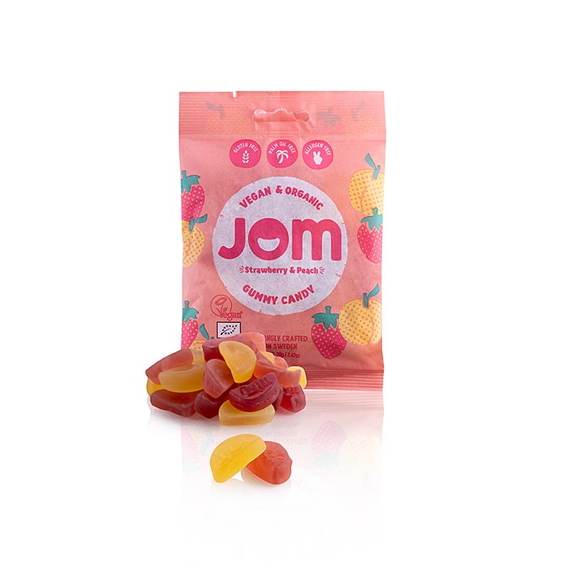 Vegan and organic JOM Aardbei & Perzik Gummie Snoepjes, 70 g product image