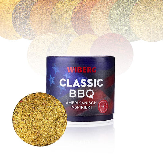 Close-up image of Wiberg Classic BBQ, Amerikaans geïnspireerde kruidenmix, 115 g, a flavorful spice blend for grilling and barbecuing, perfect for adding a delicious American-inspired taste to your dishes