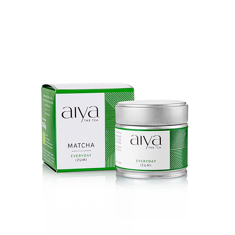 Organic ceremonial grade 30g AIYA Matcha Izumi green tea product in packaging