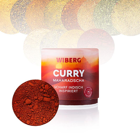 Close-up of Wiberg Curry Maharajah, a 75 g package of hot Indian spice mix, perfect for adding authentic flavor to your dishes
