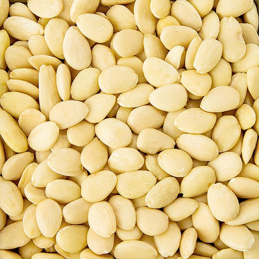 A close-up image of a 1 kg package of Spanish Marcona almonds, blanched and graded 16/18