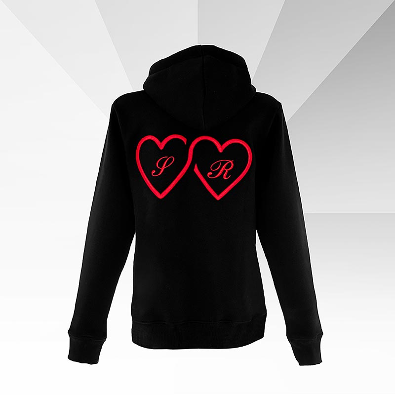 INFINITYLOVE - Zwarte hoodie met hartjes voor en achter, getailleerd model, maat XS