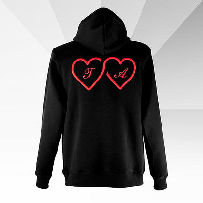 Fashionable INFINITYLOVE hoodie with heart pattern on front and back, medium size, first edition